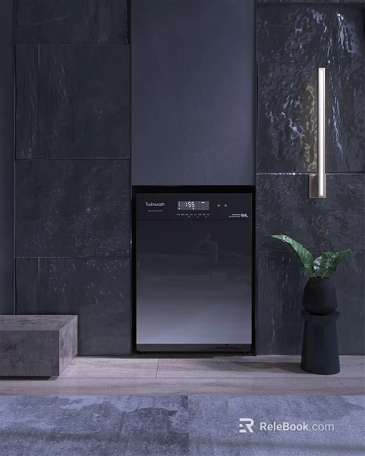 Sleek Black Washing Machine Against Dark Stone Wall With Green Plant 3d model 