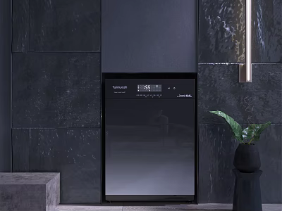 Sleek Black Washing Machine Against Dark Stone Wall With Green Plant 3d model