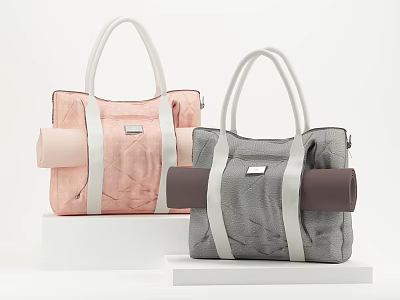 Pink and Gray Quilted Tote Bags with White Handles and Straps on White Platforms 3d model