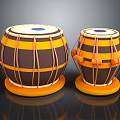 Household Items Two Drums With Yellow Brown Stripes White Top Blue Dot And Orange Balls