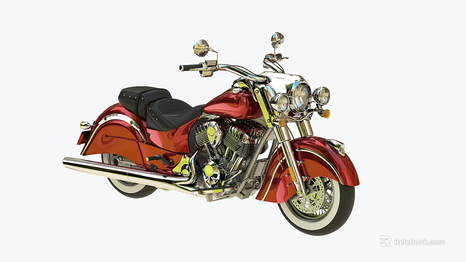 Red Classic Motorcycle With Black Seat Chrome Accents Gold Engine Details And Headlights 3d model 