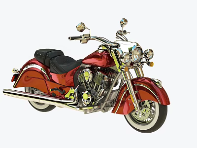 Red Classic Motorcycle With Black Seat Chrome Accents Gold Engine Details And Headlights 3d model