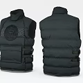 Black Puffer Vest With Emblem Design And Strap Details Front Back View