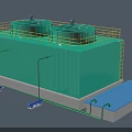 Industrial Equipment Green Cooling Tower With Dual Circular Tops Yellow Railings And Pipes