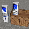 White Digital Payment Terminals With Blue Border Screens Displaying PAYMENT On Wooden Cabinet