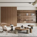 Modern Living Room Interior With Wooden Wall Rattan Chair Round Coffee Table And Bookshelf