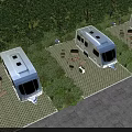 RV Parking Lot Surrounded by Lush Trees With Tables Chairs and Checkerboard Ground