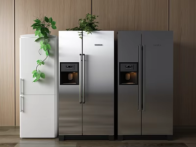 Three Stylish Refrigerators White Silver Dark Gray With Double Doors Green Plants On Wooden Background 3d model