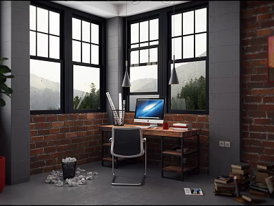 Home Office Desk With Brick Wall Large Windows Mountain View Computer And Chair 3d model