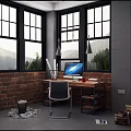 Home Office Desk With Brick Wall Large Windows Mountain View Computer And Chair