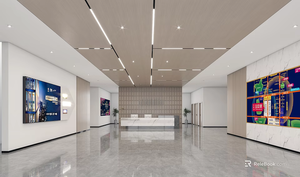 Modern Spacious Sales Office Interior With Reception Desk Display Screens And Ceiling Light Strips 3d model 