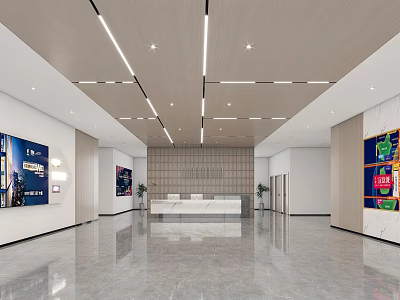 Modern Spacious Sales Office Interior With Reception Desk Display Screens And Ceiling Light Strips 3d model