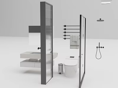Modern Bathroom Interior With White Toilet Glass Partition Sink And Shower 3d model