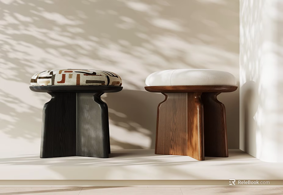 Two Modern Black And Brown Stools With Patterned And White Seat On Light Background 3d model