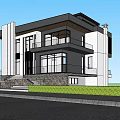 Modern Two Story Detached Villa With Large Glass Windows Surrounded By Trees And Front Steps