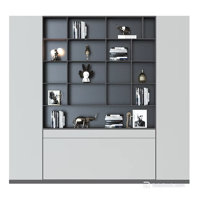 Gray Decorative Cabinet With Multiple Shelves And Books Sculptures Photo Frames Small Lamp 3d model 