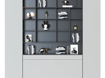 Gray Decorative Cabinet With Multiple Shelves And Books Sculptures Photo Frames Small Lamp 3d model