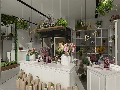 Charming Flower Shop Interior With Colorful Flowers Green Plants Hanging Plants And White Display Counters 3d model