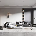 Modern Living Room Interior With Black Sofas Round Coffee Table Gray Walls And Floor Lamp