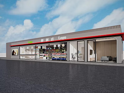 Convenience Store Exterior With Glass Facade Logo And Daily Necessities 3d model
