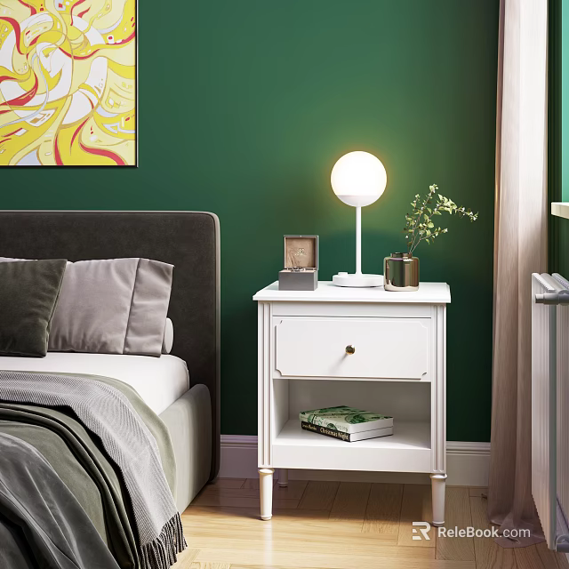 White Bedside Table with Round Lamp Photo Frame and Small Plant against Green Bedroom Wall 3d model 