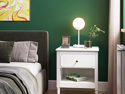 White Bedside Table with Round Lamp Photo Frame and Small Plant against Green Bedroom Wall 3d model