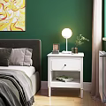 White Bedside Table with Round Lamp Photo Frame and Small Plant against Green Bedroom Wall