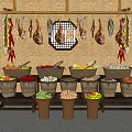 Traditional Food Display On Wooden Shelf With Hanging Hams Chilies And Baskets Of Vegetables Fruits
