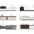 Modern Minimalist Reception Desks With White Brown Marble Surfaces And Decorative Plants