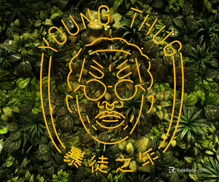 Artistic Decorative Lights Featuring Yellow Lines And Face Pattern On Green Plant Wall 3d model