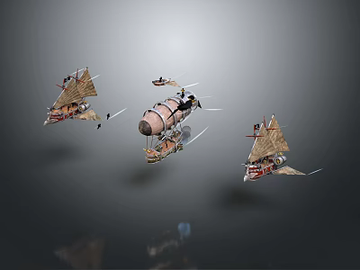 Steampunk Fantasy Flying Ships with Sails and Mechanical Structures Against Gray Background 3d model