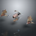 Steampunk Fantasy Flying Ships with Sails and Mechanical Structures Against Gray Background 3d model