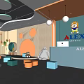 Alex Kindergarten Interior With Wooden Walls Blue Reception Colorful Seats And Cartoon Decorations