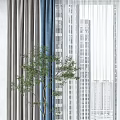Gray And Blue Curtains With White Sheer For Living Room City View And Indoor Plants
