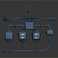 Blue Industrial Electrical Equipment With Rusty Metal Frame And Control Units