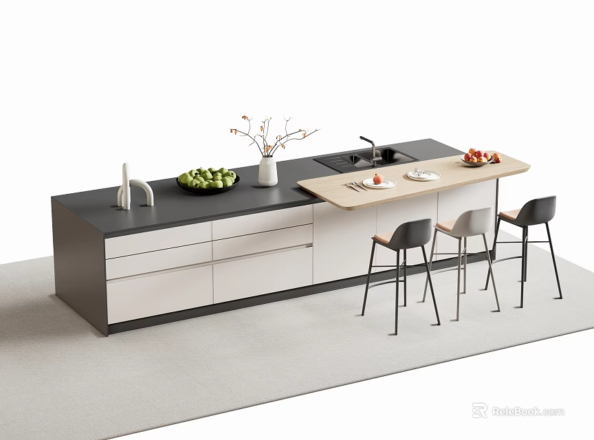 Modern Bar Counter With Black And Light Wood Top Fruit Bowl Vase And Black Chairs 3d model 