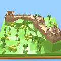 Cartoon Great Wall 3D Model With Low Poly Design Green Trees And Watchtowers