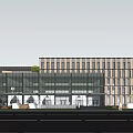 Modern Office Building With Glass Curtain Wall Entrance Design And Surrounding Trees