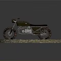 Vintage Silver Motorcycle With Rusty Tires On Round Stone Platform Surrounded By Pebbles And Moss