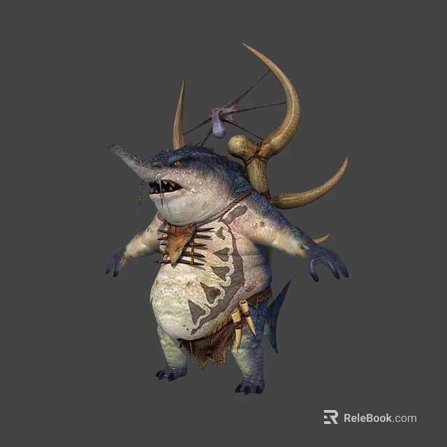 Fantasy Mythical Creature Character With Shark Like Head Back Horns Chest Armor And Bulky Body 3d model 
