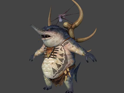 Fantasy Mythical Creature Character With Shark Like Head Back Horns Chest Armor And Bulky Body 3d model