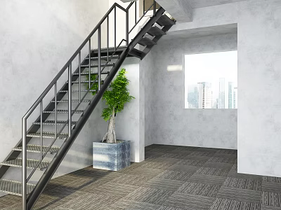 Modern Staircase With Black Railing Green Plant Blue Planter Window City View And Gray Carpet 3d model