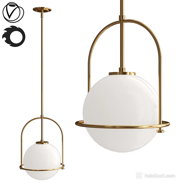 Modern Pendant Light With Golden Metal Frame And White Globe Shade Hanging Design 3d model 