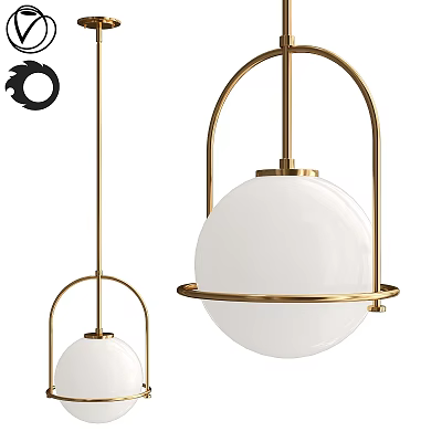Modern Pendant Light With Golden Metal Frame And White Globe Shade Hanging Design 3d model