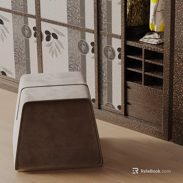 Modern Upholstered Side Table In Gray Brown With Bamboo Pattern Cabinet For Living Room Interior 3d model 