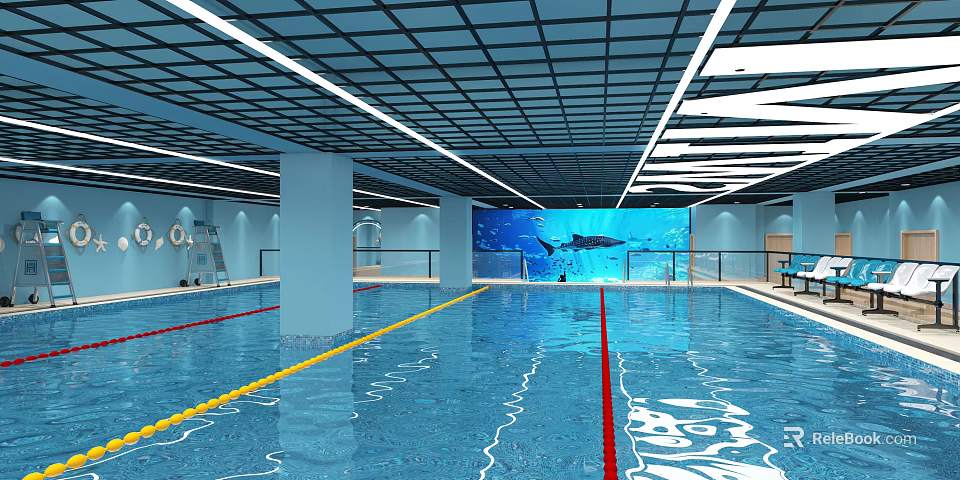 Indoor Swimming Pool Interior With Blue Water Yellow Red Lane Markers Grid Ceiling And Ocean Mural 3d model 