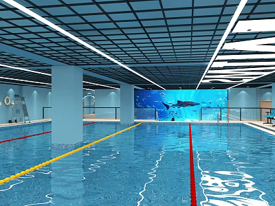 Indoor Swimming Pool Interior With Blue Water Yellow Red Lane Markers Grid Ceiling And Ocean Mural 3d model