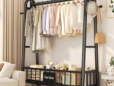 Black Metal Clothing Rack with Hanging Clothes Storage Baskets Stuffed Toys Living Room 3d model