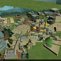 Colorful Traditional Buildings with Various Roofs Shop Signs Open Area Trees and Blue Sky