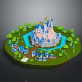 Cartoon Scenic Island With Majestic Castle Blue River Small Houses And Lush Trees